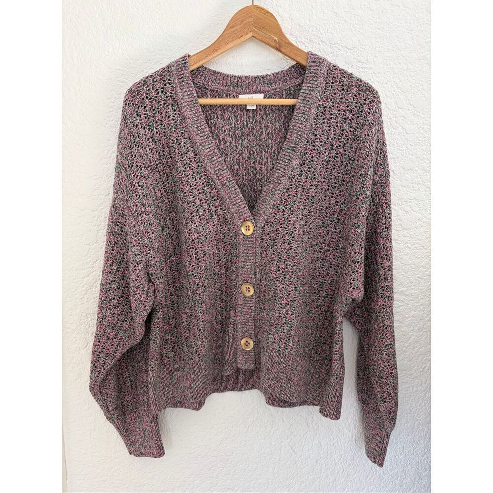 J. Jill Mixed Color Textured Cotton Knit V-Neck Cardigan Pink, Green Size L - Picture 4 of 12